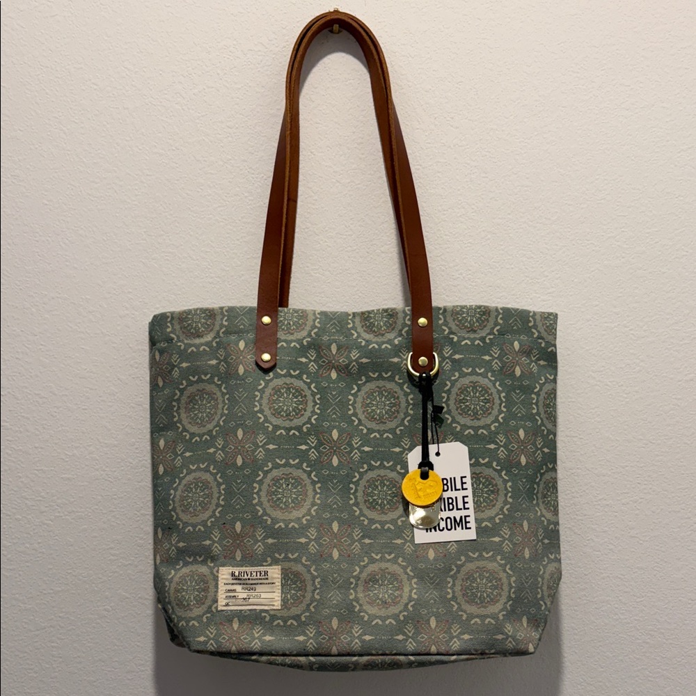 R.Riveter Green Patterned Canvas Tote with Brown Leather Straps